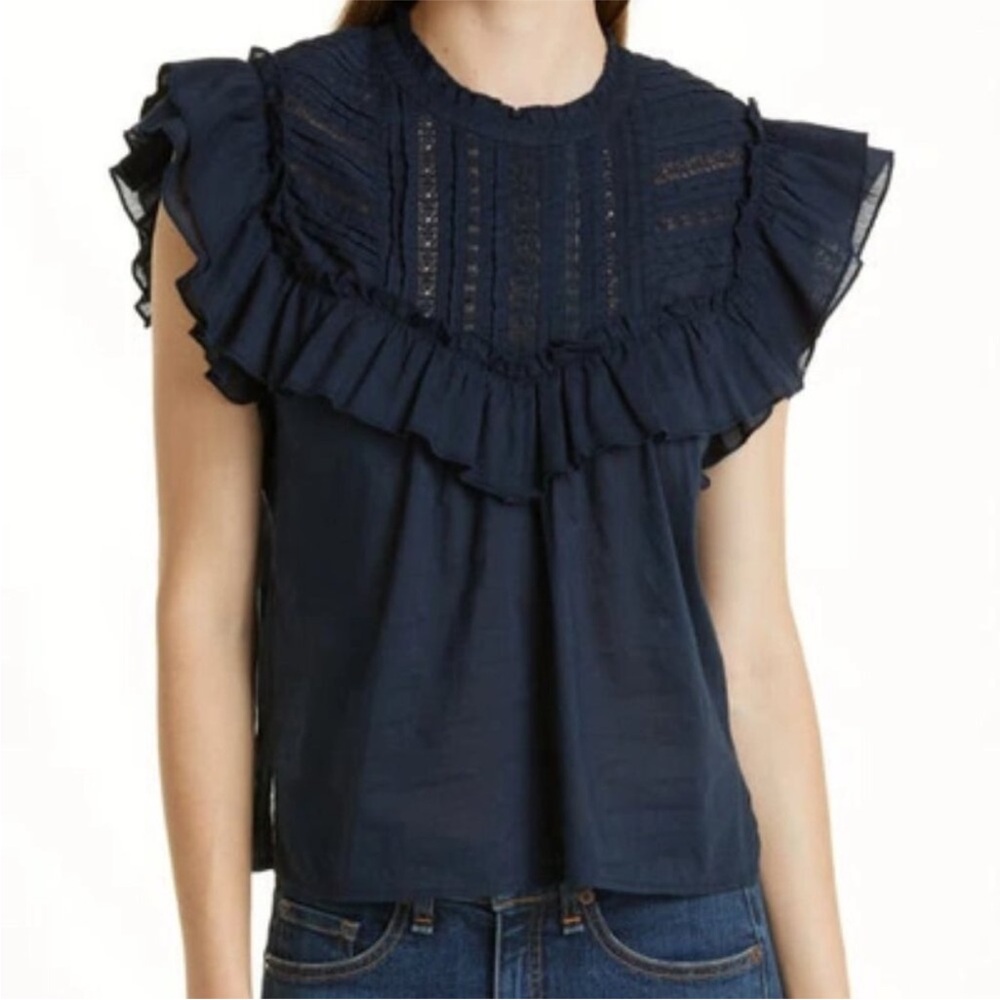 Veronica Beard Navy Boho Prarie Ruffle Blouse Sz 4/Small